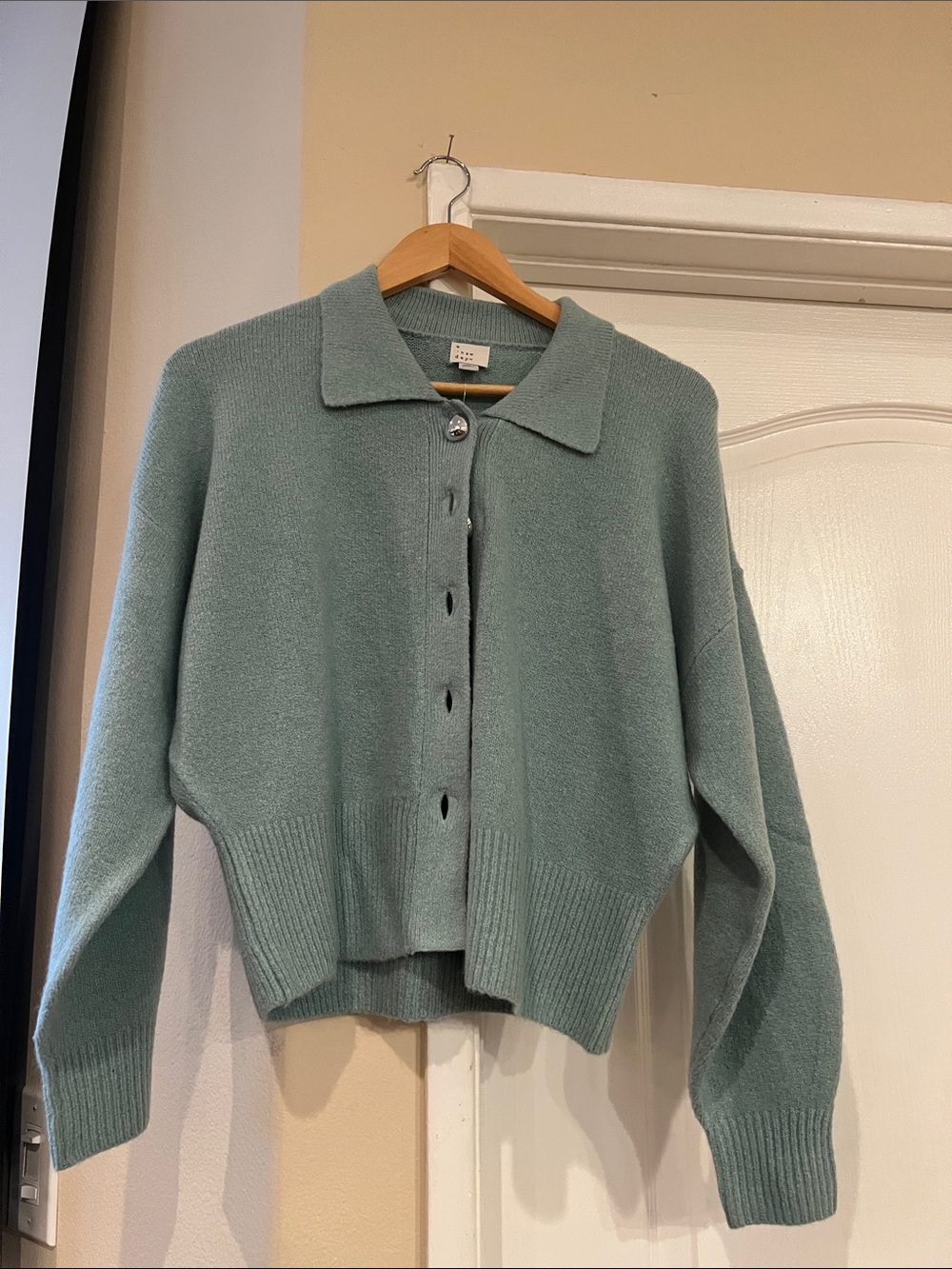 a new day Collared Button-Front Cardigan - dusty teal NWT with heart buttons